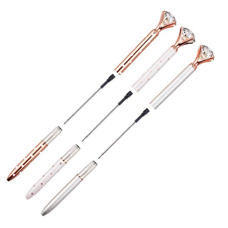 LONGKEY 3PCS Big Crystal Diamond Ballpoint Pen Bling Metal Ballpoint PenOffices and schools, silver/White With Polka Dots/Rose Gold With Polka Dots, Includes 3 Pen Refills - Image 4